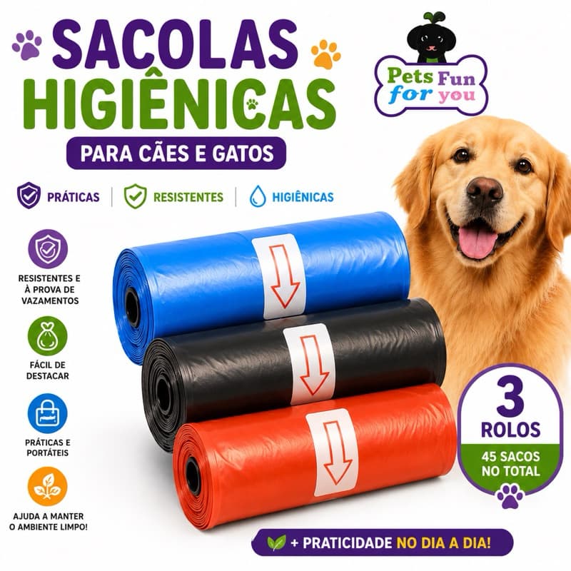 Sacos Higiênicos para Cachorros e Gatos 3 Rolos com 45 Sacos Reforçados Antivazamento para Coletar Fezes