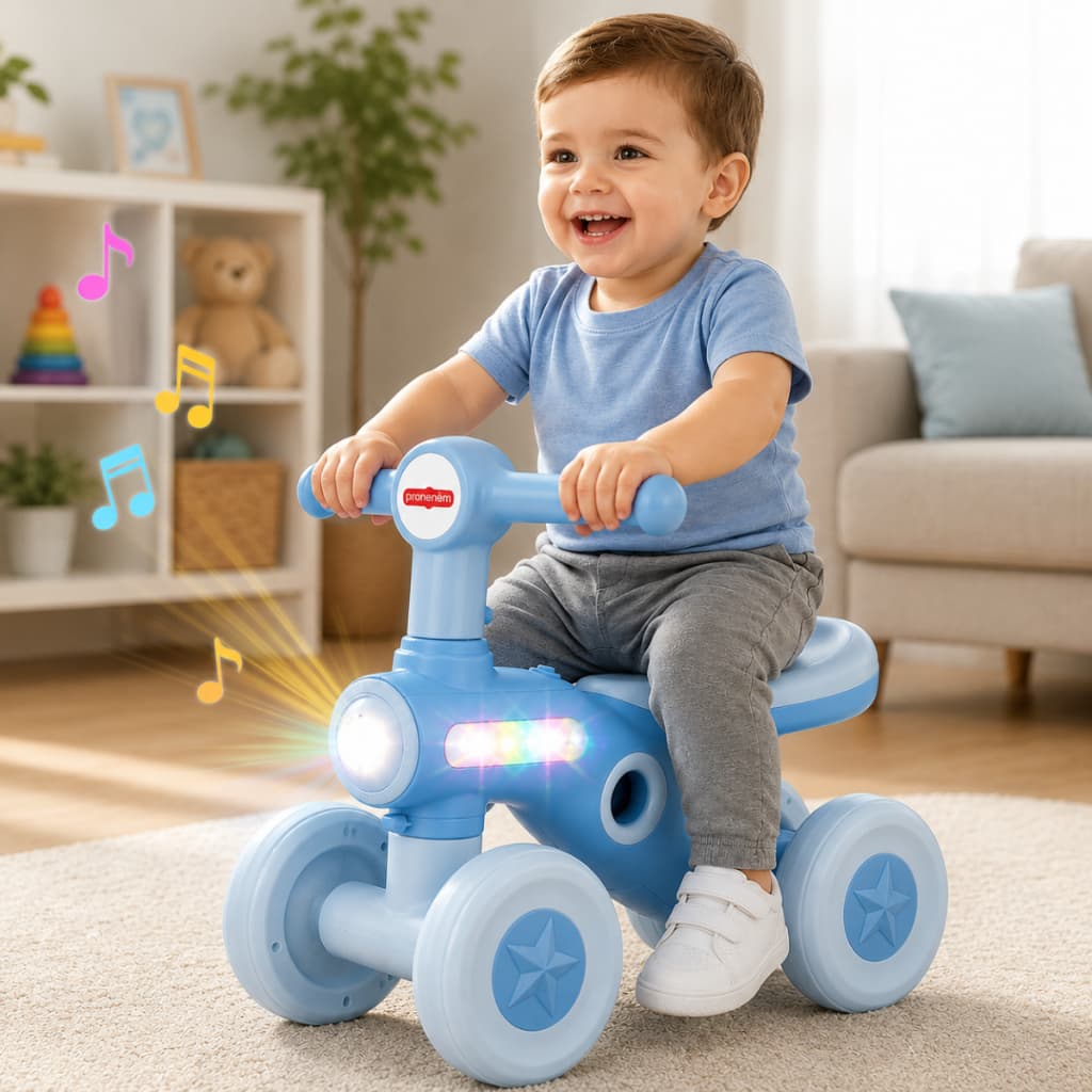 Bicicleta Infantil Equilíbrio Bike Azul e Rosa 4 Rodas Sem Pedal Com Luzes e Som Bebê Criança
