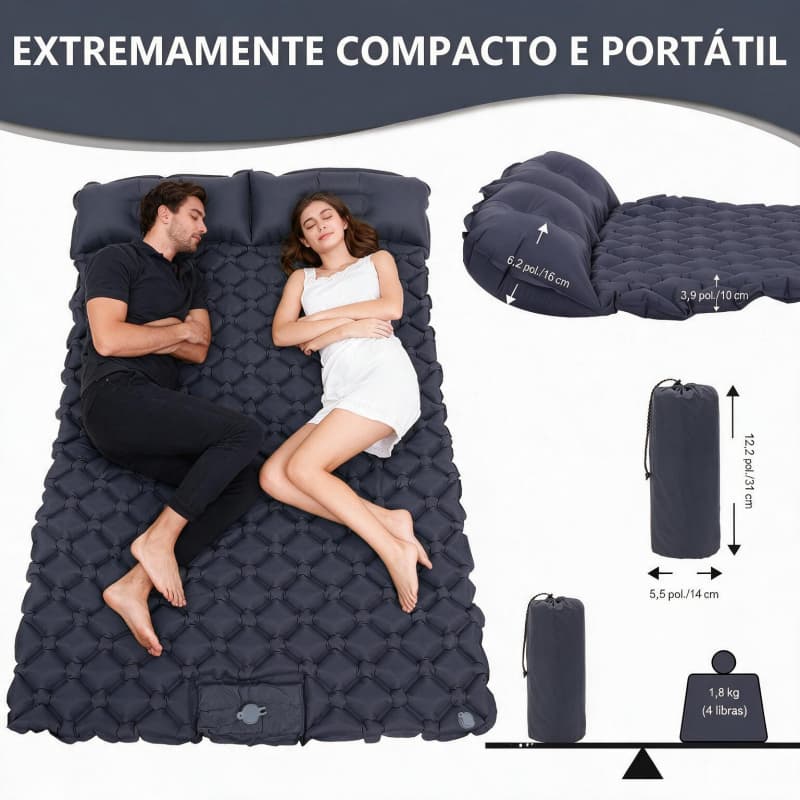 Colchão Inflável Casal Camping 190cm Com Travesseiro Bomba de Pé Embutida Colchão Portátil para Viagem Acampamento