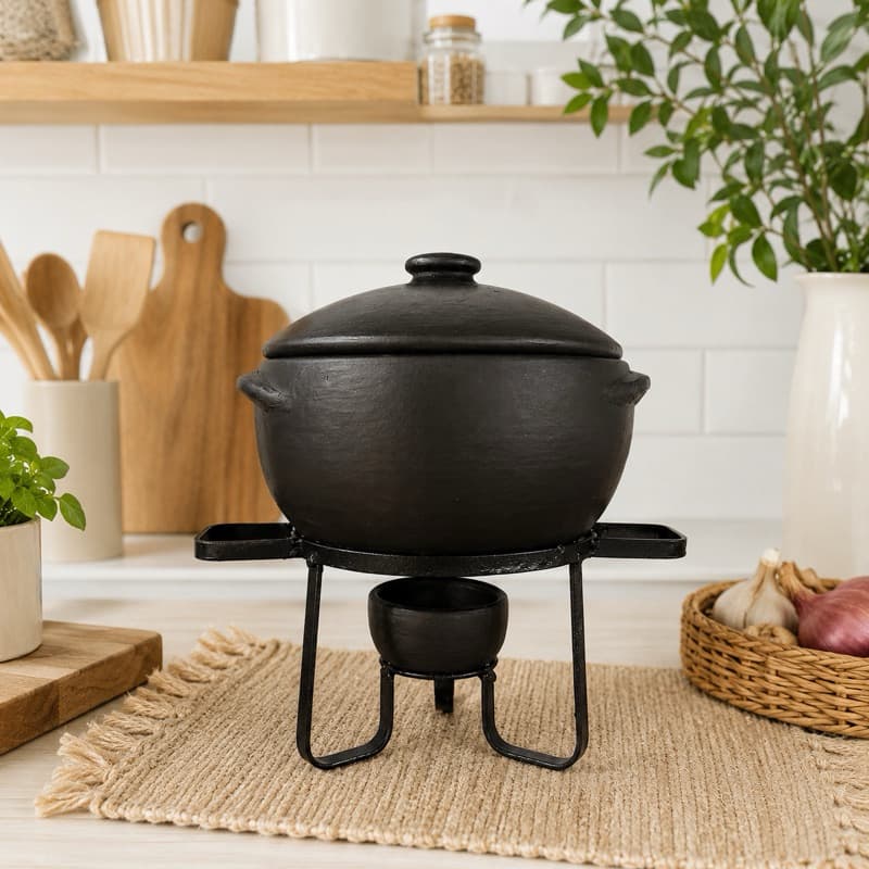 Kit Panela de Barro 3L ou 4L + Suporte de Ferro + Pote para Fogo | Rechaud Artesanal para Buffet, Festa e Restaurante