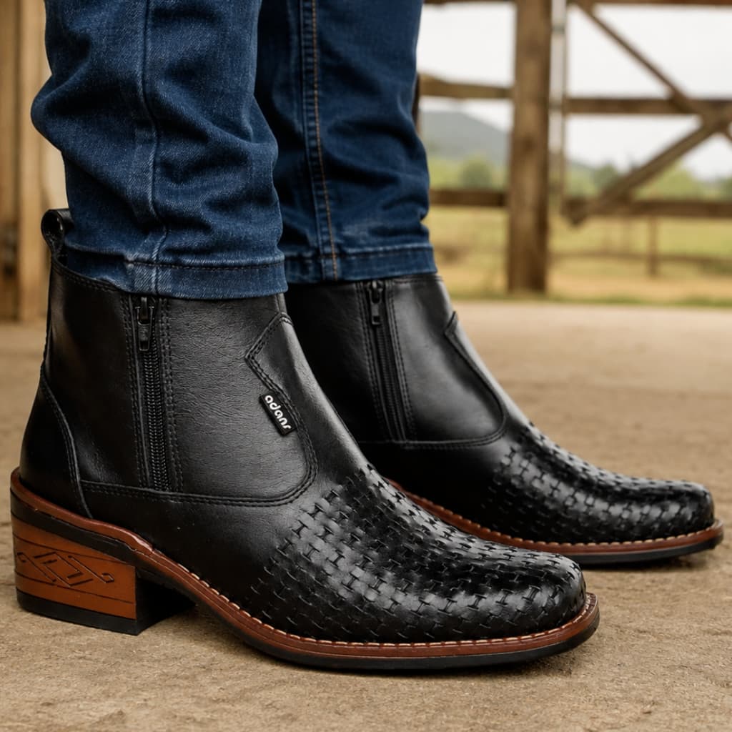 Botina Masculina Texana Couro Country Bota Ziper Cowboy Cano Curto