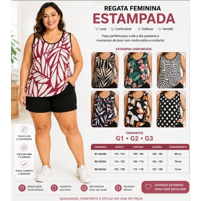 Regata Feminina Estampada Tropical Sem Manga 🌺 Blusa Feminina Plus Size Estampa Folhagem Casual 🌺 Regata Feminina