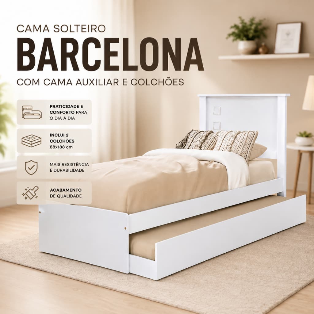 Bicama Solteiro Barcelona com Cama Auxiliar e Dois Colchões 88x188 MDF