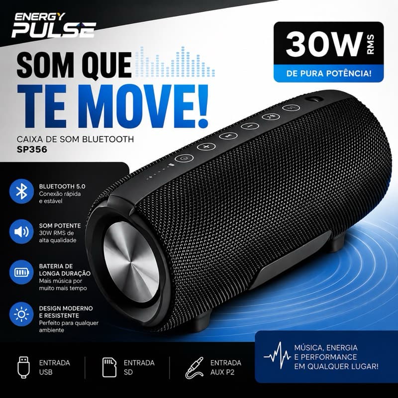 Caixa de Som Bluetooth Energy Pulse SP356 30W RMS Potente Portátil Preta