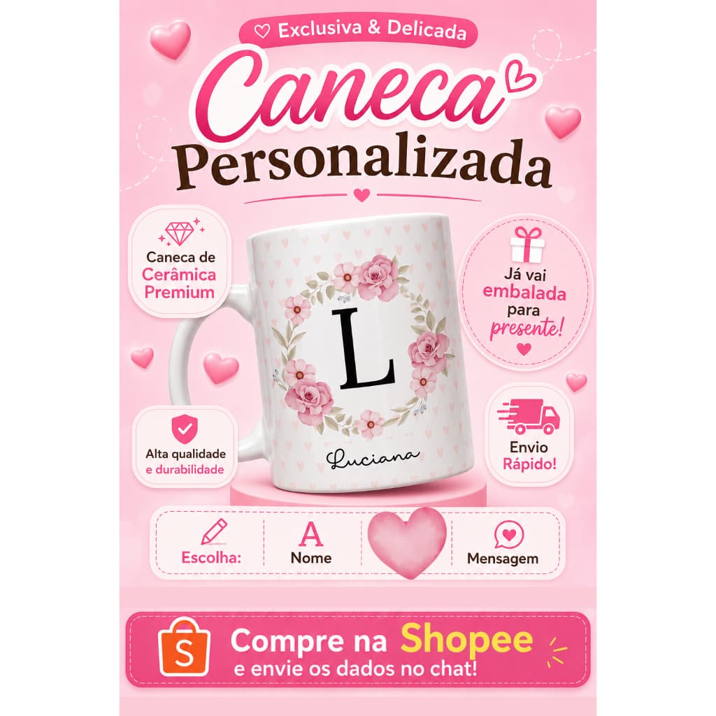 Caneca Personalizada Inicial e Nome -Coleção Floral  Delicada .(Caneca Rosa,Branca  e Caneca Mágica ).