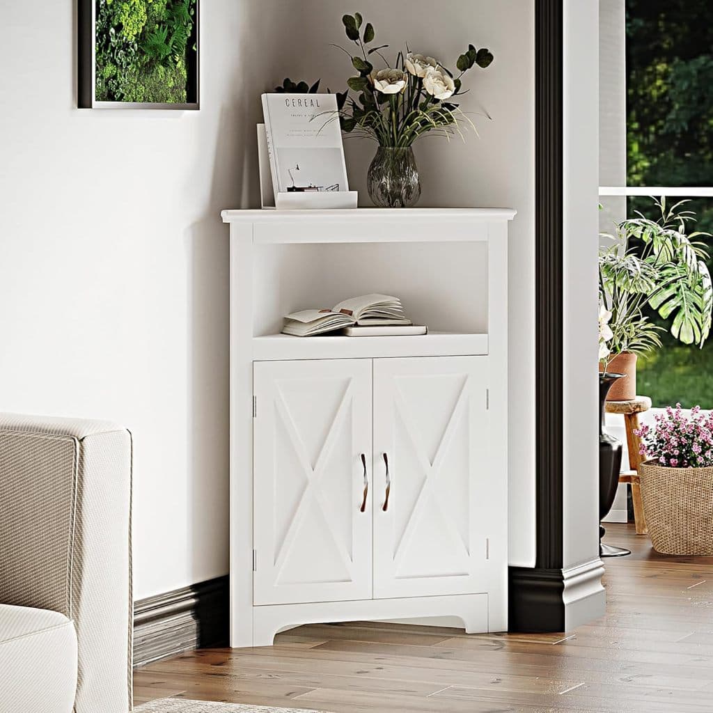 Armário de Canto Multiuso Branco com 2 Portas e Nicho Superior Organizador Compacto para Banheiro, Cozinha e Lavanderia