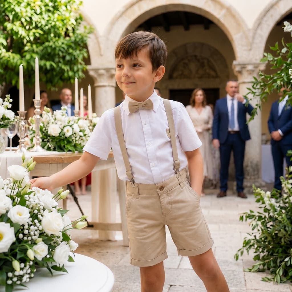 Conjunto Social Infantil Menino Camisa Branca Bermuda Suspensório Gravata Batizado Festa Casamento Pronta Entrega