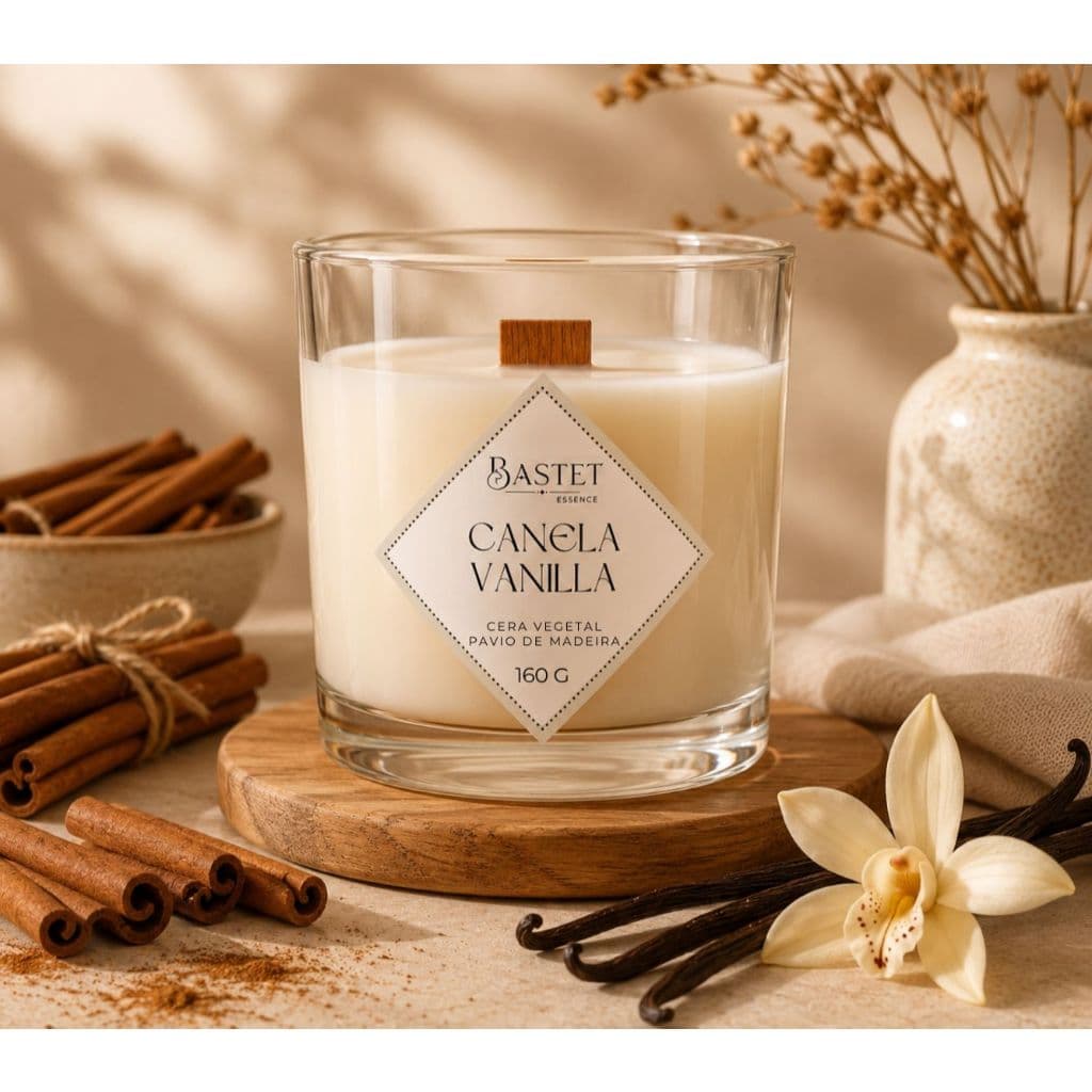 Vela Aromática Canela Vanilla | Perfumada | Pavio de Madeira | 160 gramas | Cera de Coco | Vegetal