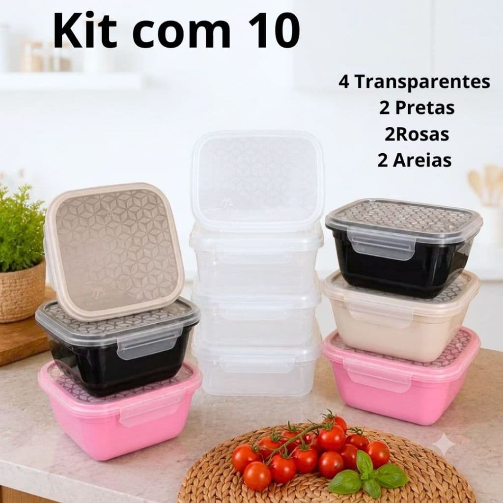 Kit de Pote Marmita Fitness Dia a Dia  Trava Pote Hermético Quadrado Retangular 800 ml BPA Free Vasilha Plástico