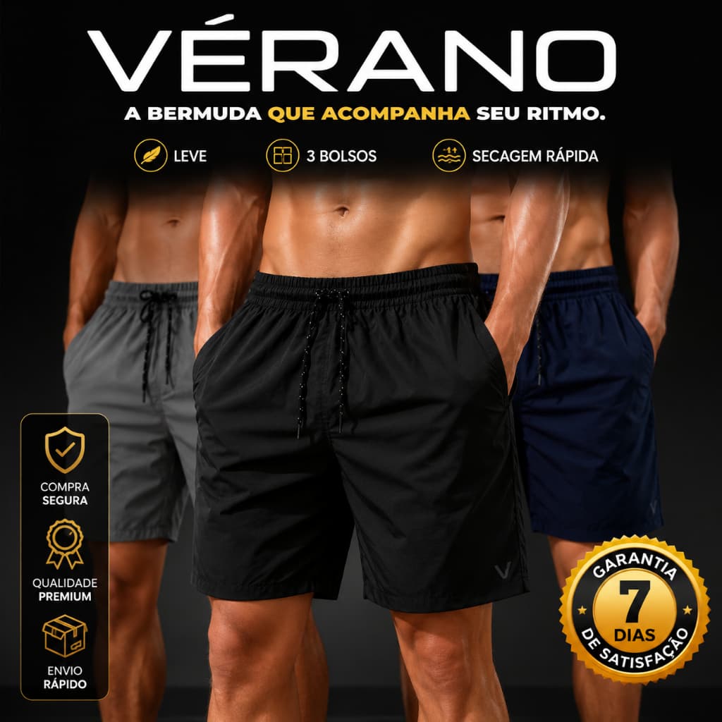 VÉRANO™ —KIT 3 Bermuda Masculina Premium Tactel 3 Bolsos