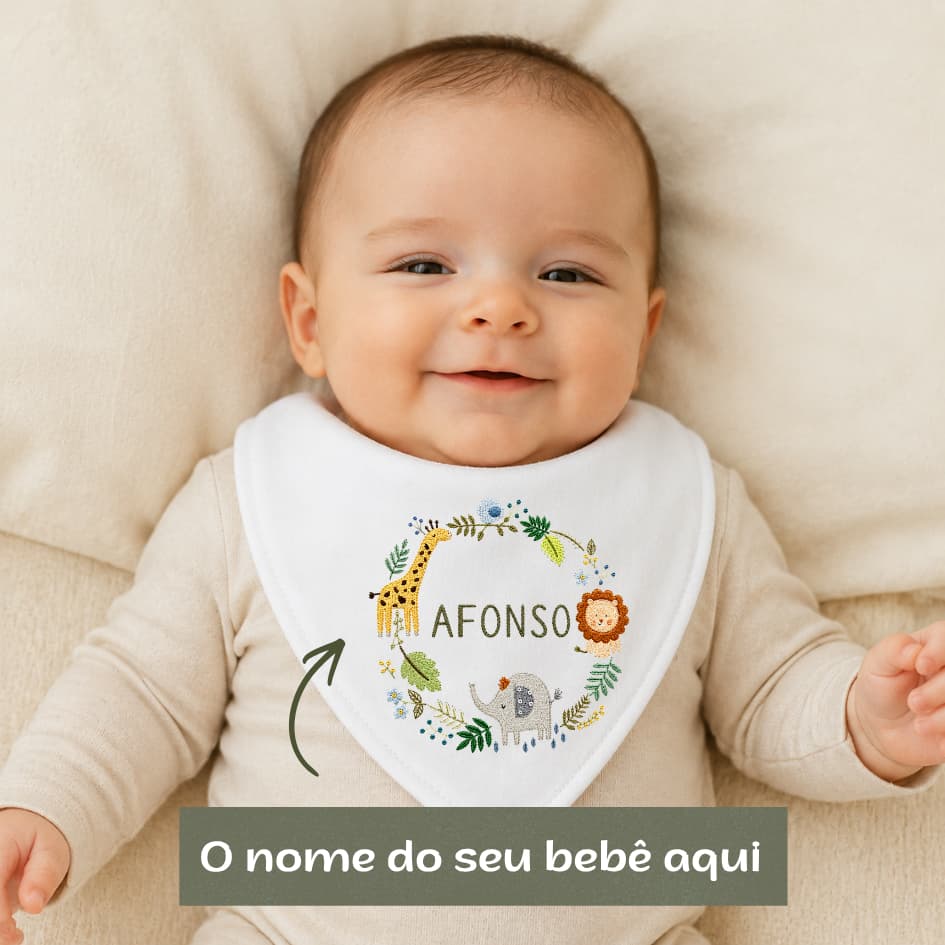 Babador Bebê Bandana Personalizado com Nome Bordado Safari Leão Girafa Elefante em Malha