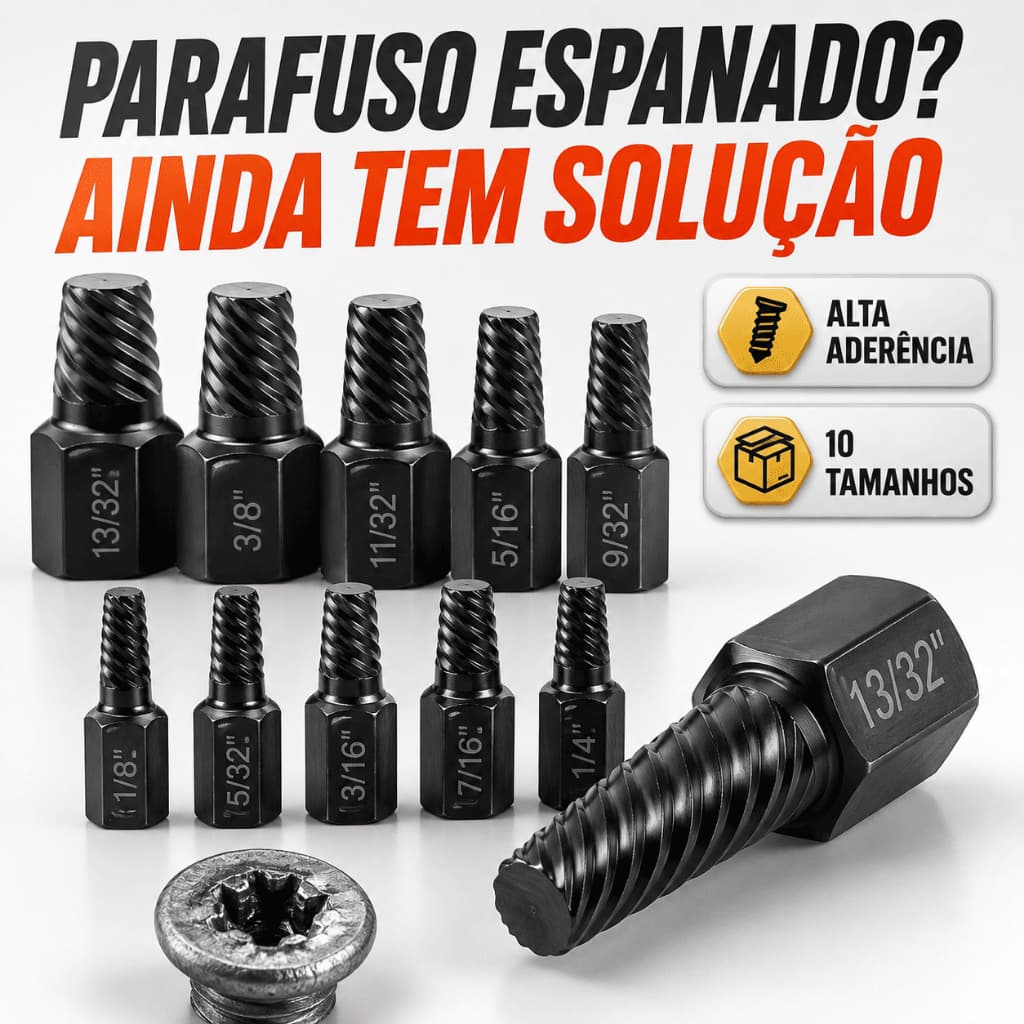 Kit Extrator de Parafusos Danificados 10 Peças Removedor de Parafuso Espanado Quebrado Travado