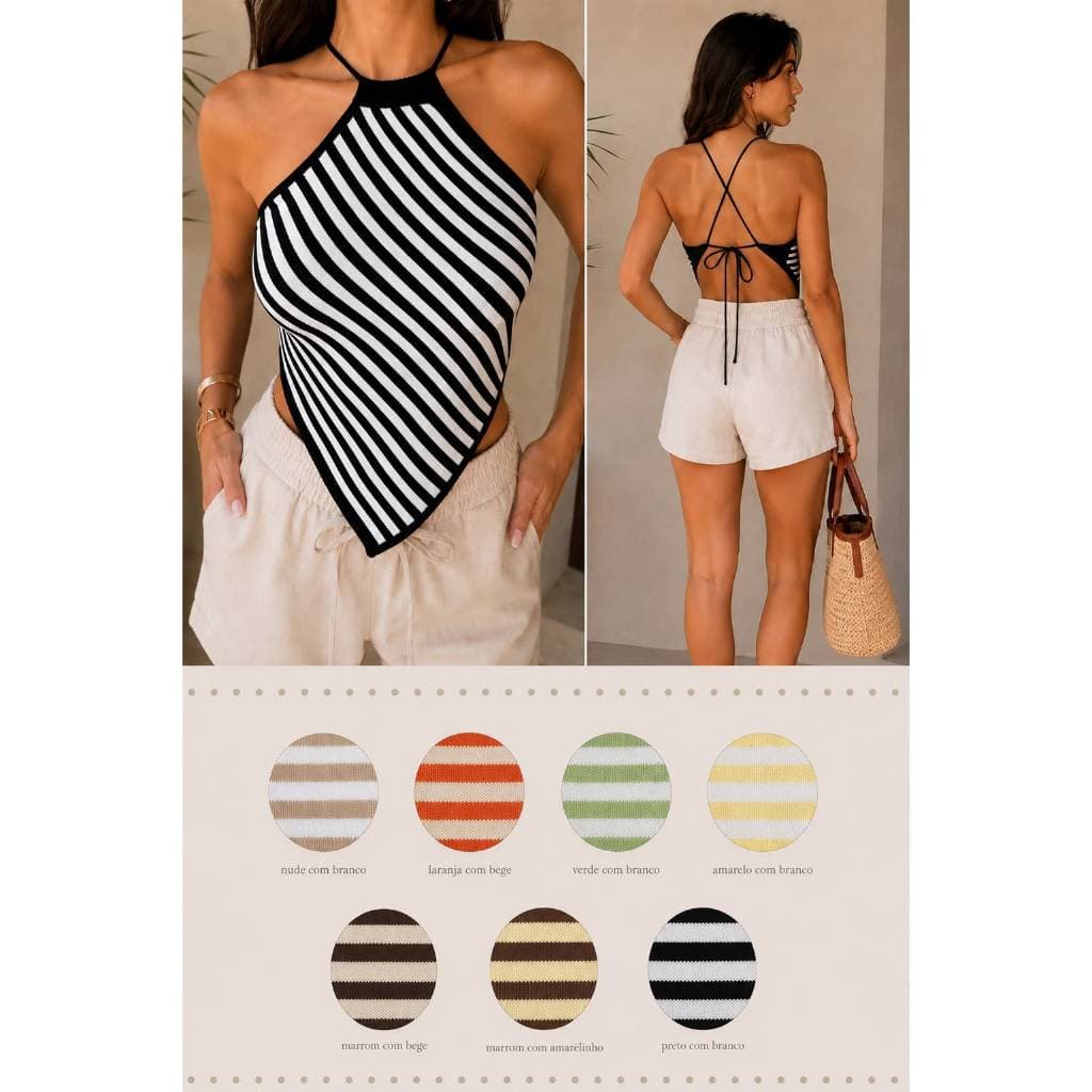 Top Cropped Frente Ùnica Modal Listrado Amarração Costas Tendência Verão