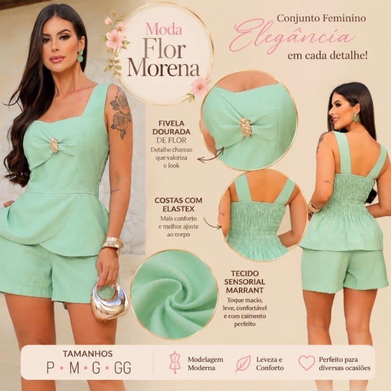 Conjunto Femenino Blusa e Short Tecido Sensorial marrant Elegante