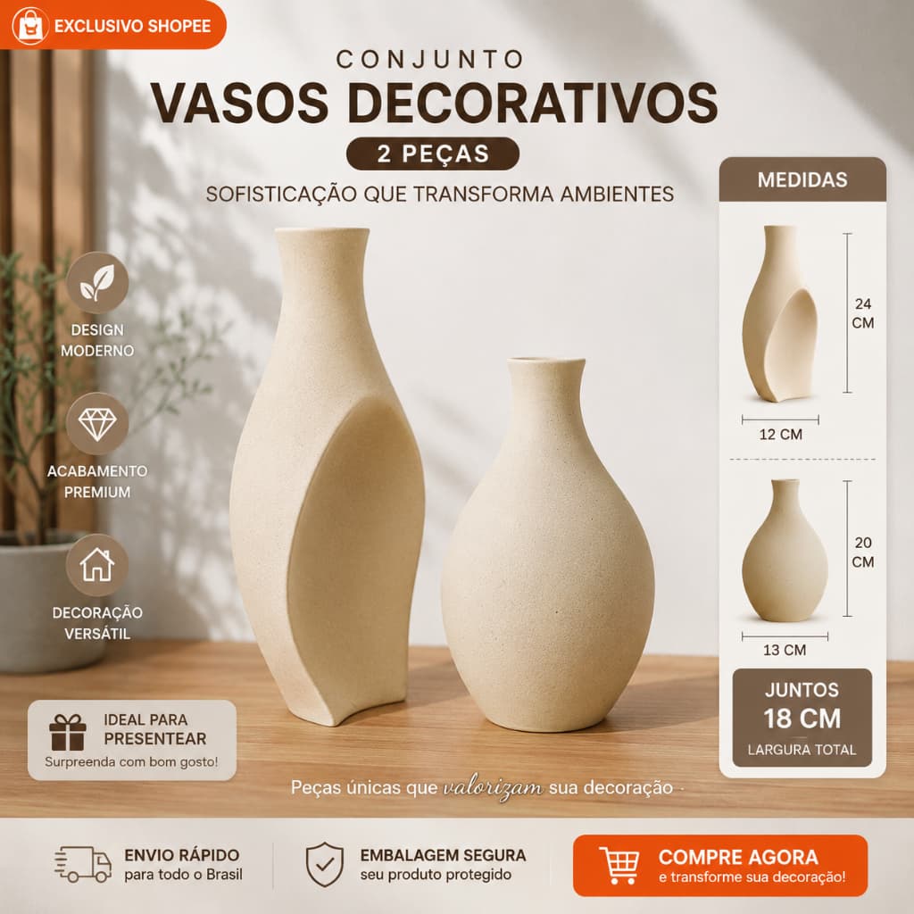 Vasos Decorativo em cerâmica Modernos, kit 2 Vasos para sala, conjunto de vasos para decoração de sala, escritório.