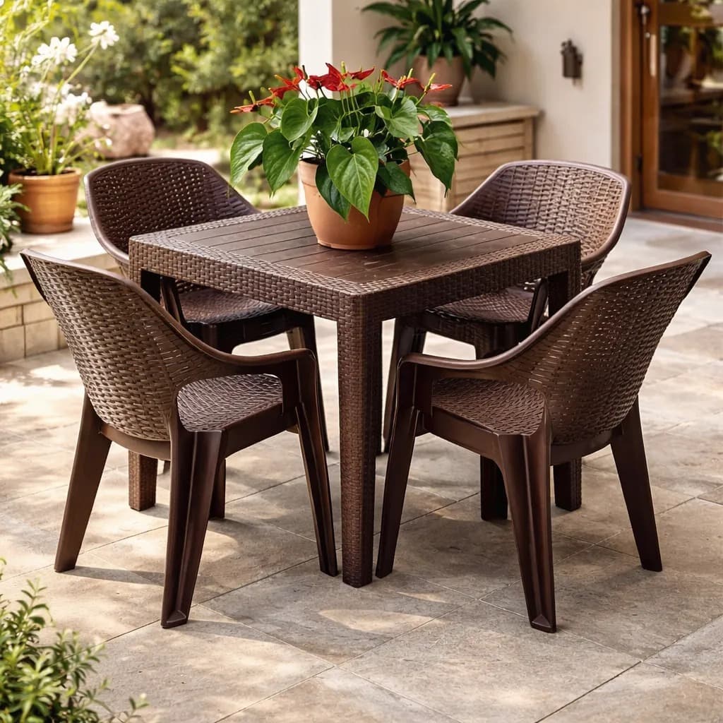 Kit Jogo de 1 Mesa Quadrada com 4 Poltronas Rattan Empilháveis Jardim Varanda Área Gourmet Piscina Furo Para Guarda-Sol