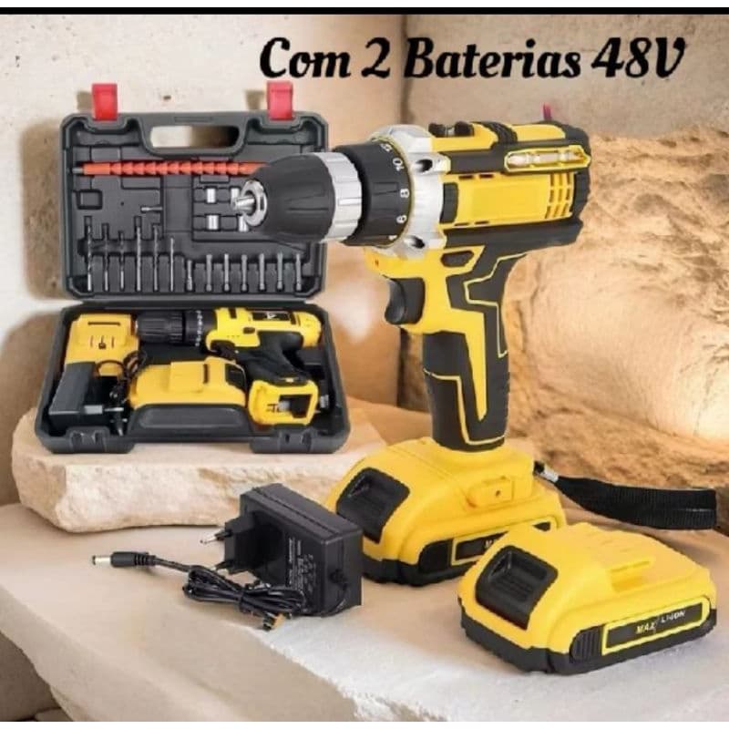 Parafusadeira Furadeira Impacto 48V Sem Fio - 3 Funções, Velocidade Variável, Inclui Acessórios