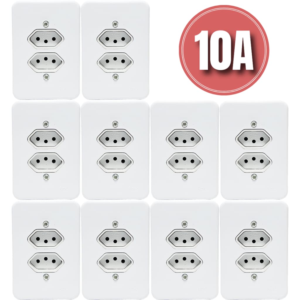 Kit Tomada Dupla 10A Simples Branca 2P+T Completa Bivolt