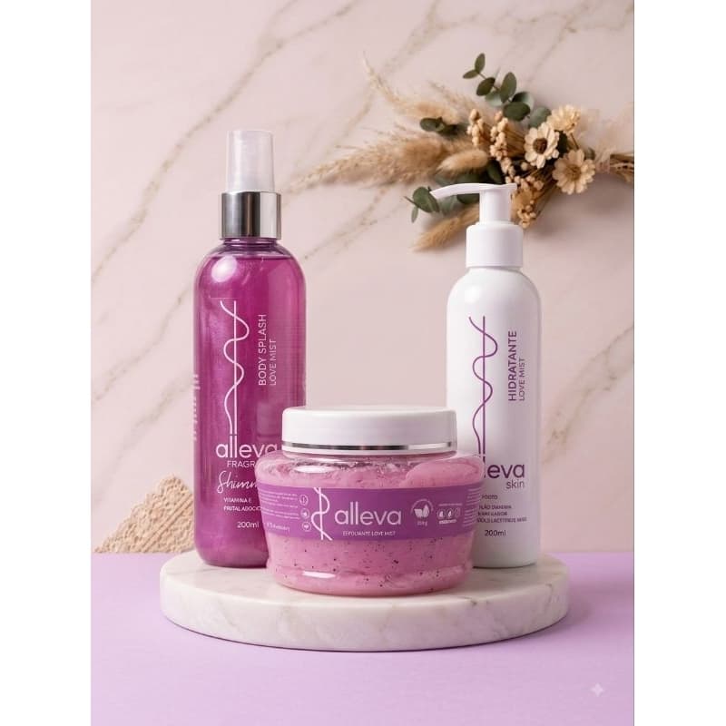 Kit Alleva/Love Mist: Creme Hidratante + Esfoliante corporal + Body splash Shimmer