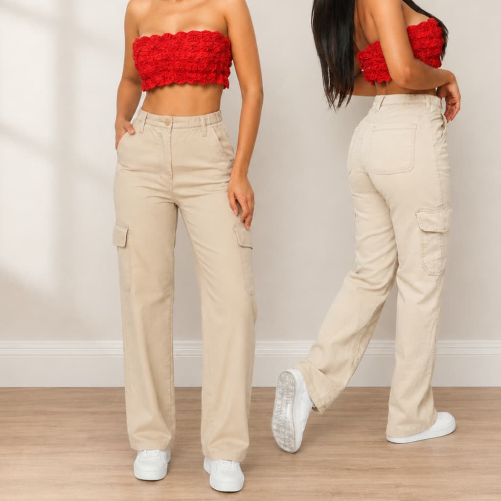 Calça Cargo BEGEJeans wide leg Feminina Moda Street Tecido Algodão Premium