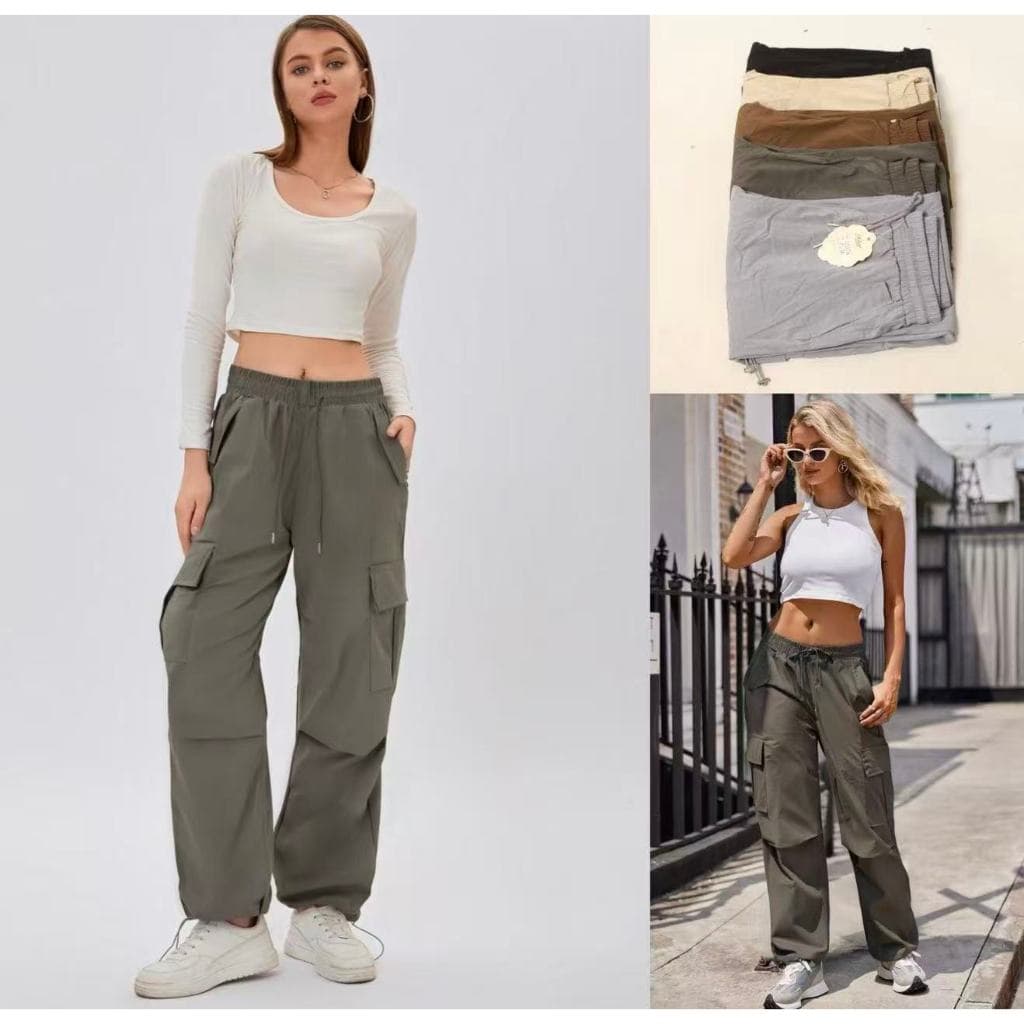 Calça Feminina Calça Cargo Parachute Tactel Com Cordão Ajustáveis no  Pernas Cargo Larga