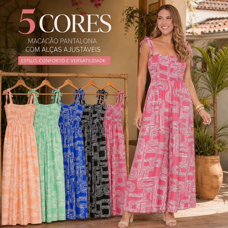 Macacão Feminino Longo Pantalona Estampado Geométrico com Alças Ajustáveis, Casual Verão Praia, Leve e Confortável
