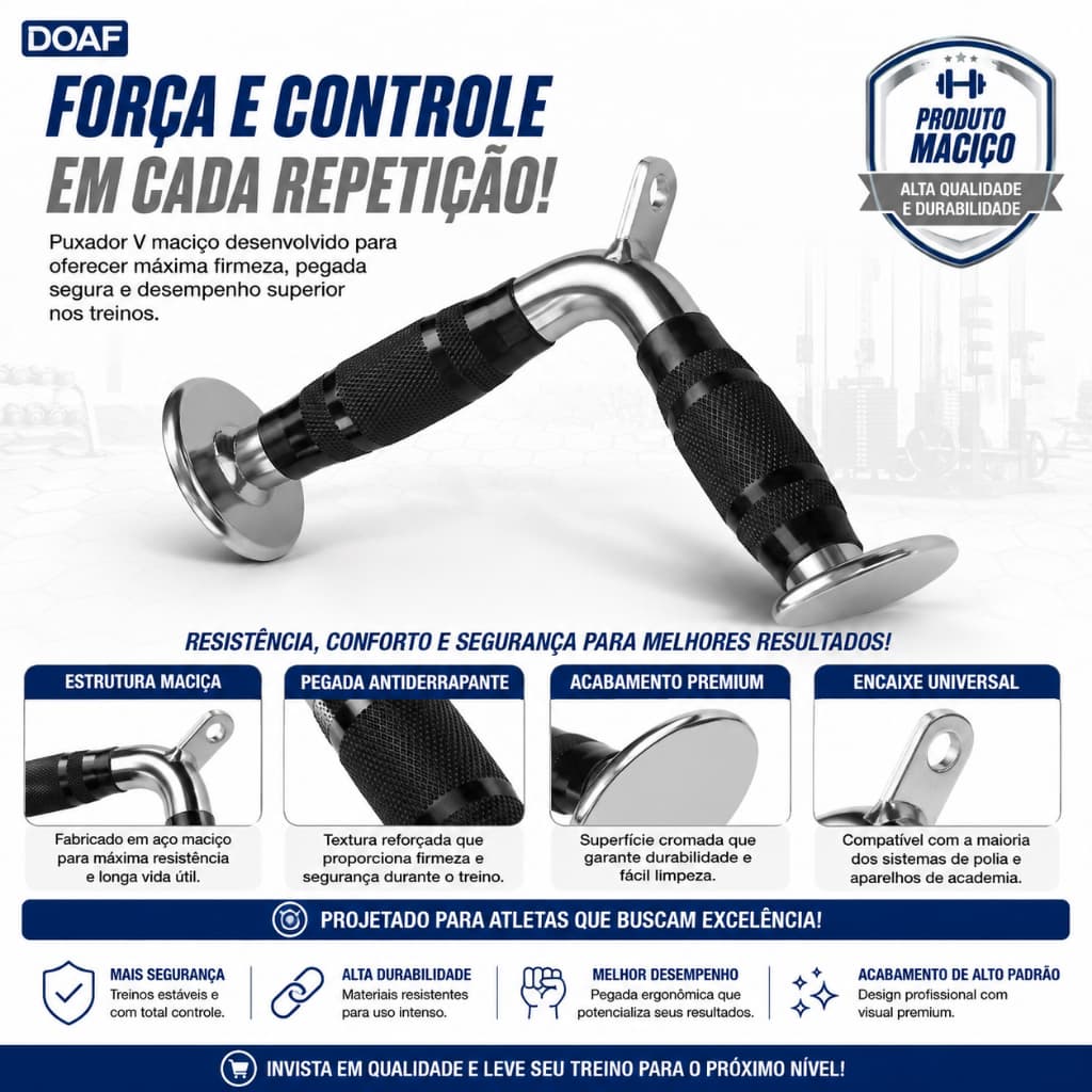 Puxador V Maciço Cromado Alça Emborrachada Academia