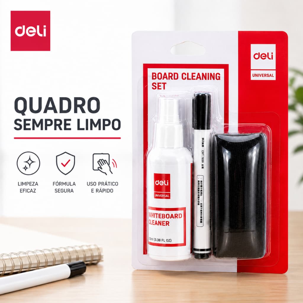 Kit Limpeza para Quadro Branco com Spray, Apagador e Marcador | Deli