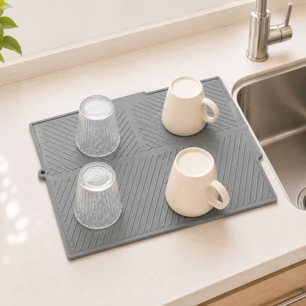 Tapete Escorredor de Louça em Silicone Dobrável 38,5x24,5 cm com Drenagem Cinza
