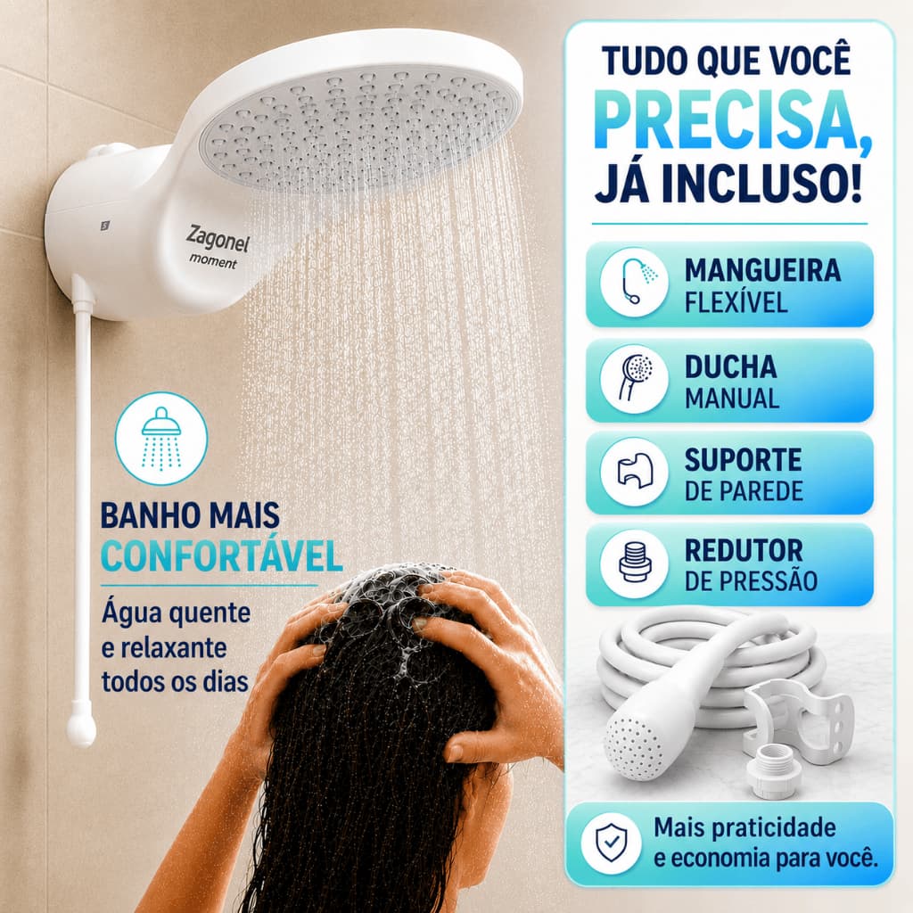 Chuveiro Eletrônico Zagonel Moment 127v 220v 5500w 7500w Branco Ducha Grande Baixa Pressão Quente