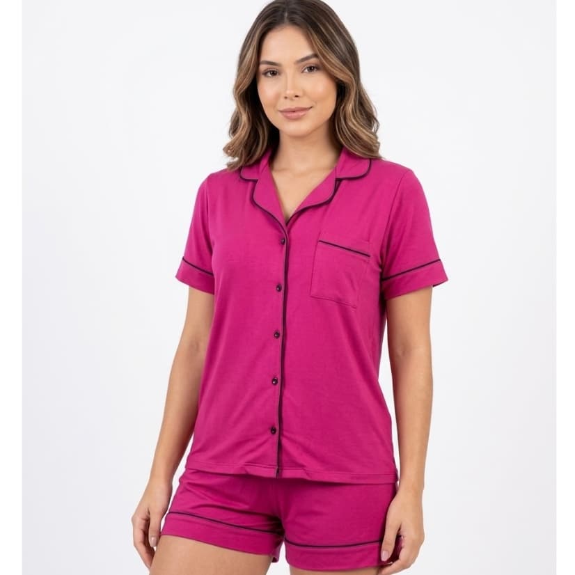 Pijama Americano Feminino Curto com Botões em Suede , Conjunto Confortável com detalhe em Viés