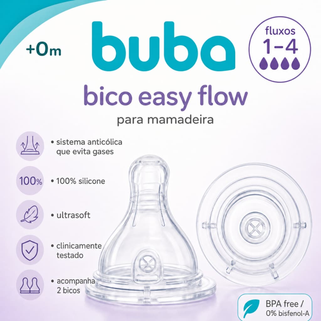Bico para Mamadeira Buba Universal Válvula Anticólica Macio 100% Silicone  2 Unidades