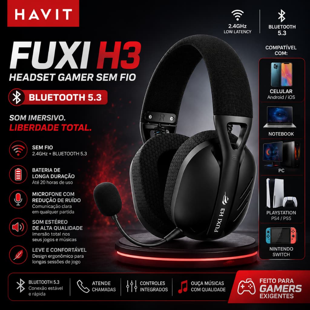 Headset Sem Fio Bluetooth Gamer Havit 4 Modos Wireless 2.4ghz Usb P2 Universal PC Console Celular
