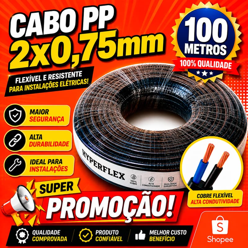 Cabo Pp 2x0,75mm Rolo Fio Flexível 100 Metros