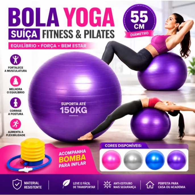 Bola Yoga Suiça Abdominal Fitness Gym Ball 55cm Pilates Academia Casa Exercicios Equilibrio