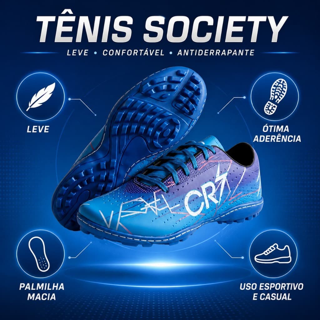 Chuteira Society Masculina Grama Sintética Profissional Antiderrapante Leve Confortável com Travas