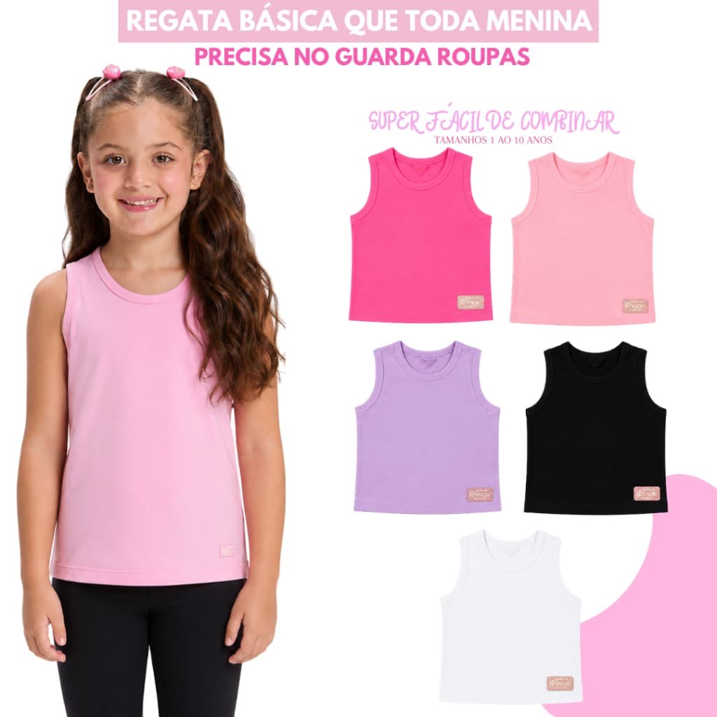 Kit 3 Regatas Básicas Infantil Menina em Cotton - Tamanhos 1 ao 10 anos
