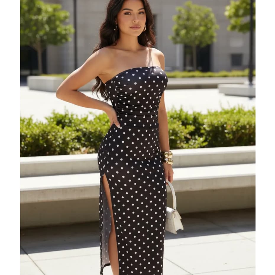 Vestido Longo Bolinha Poá Sem Alça Com Bojo Suplex Estiloso Casual Festa Elegante