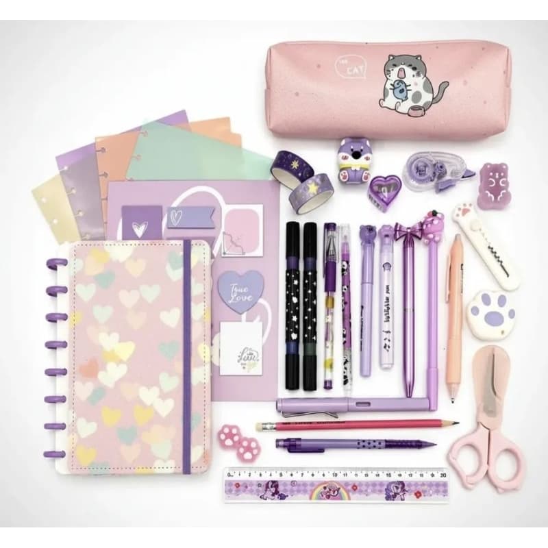 Kit Papelaria Fofa 22 Itens com Caderno de 8 discos e divisórias.