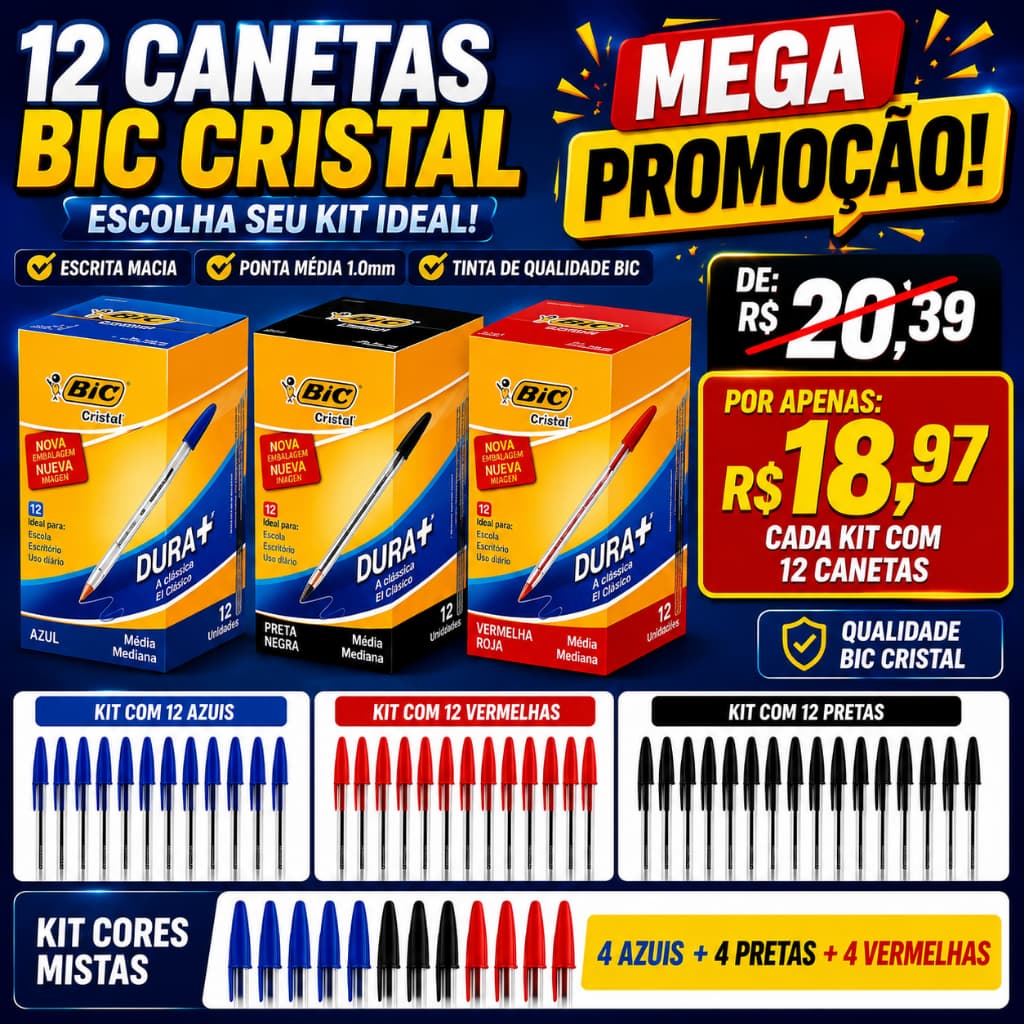 Kit 12 Canetas BIC Cristal Dura+ Esferográfica Ponta Média 1.0mm Azul Preta Vermelha ou Cores Mistas