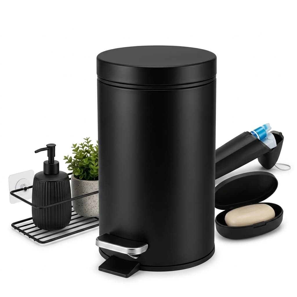 kit Lixeira Pedal 3L Suporte Shampoo Porta Escova Dental e Saboneteira