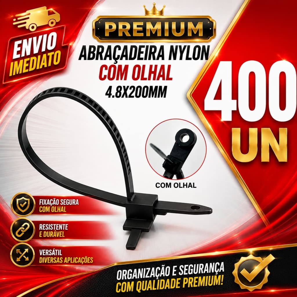 400 Abraçadeiras Nylon com Olhal 4,8x200mm Preta Enforca Gato Presilha Cinta Fixação Cabos