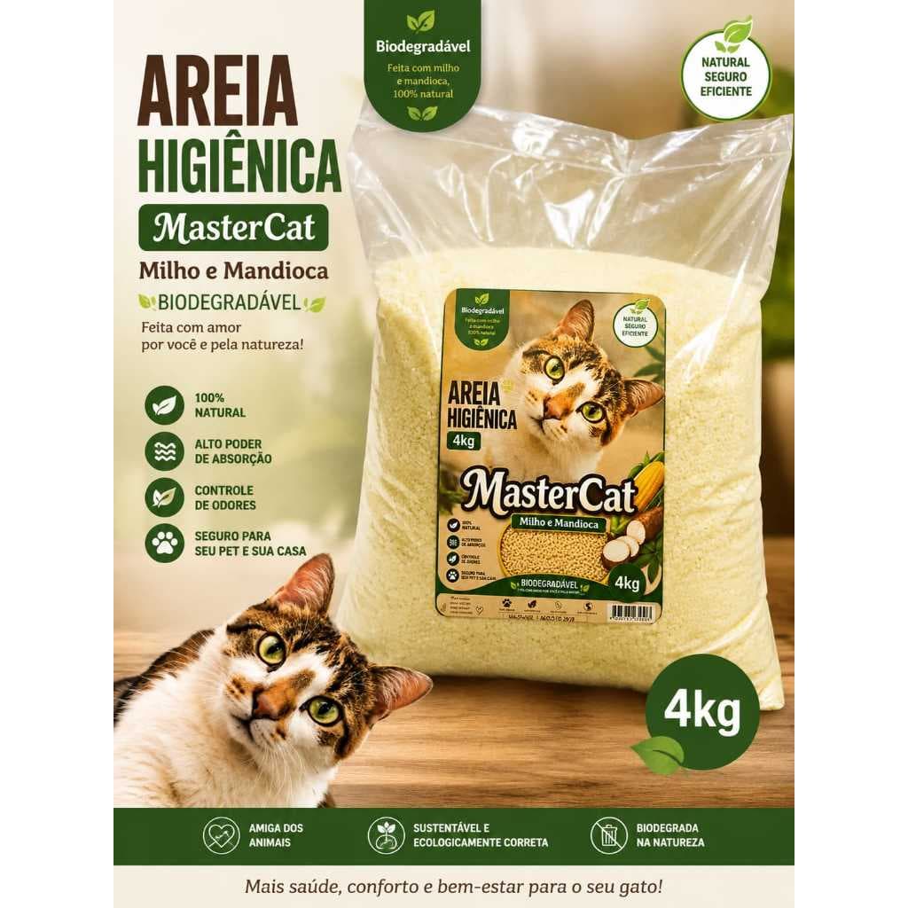 Areia Higiênica Gatos MasterCat 4kg Milho e Mandioca - Ultra Absorbente E Econômica