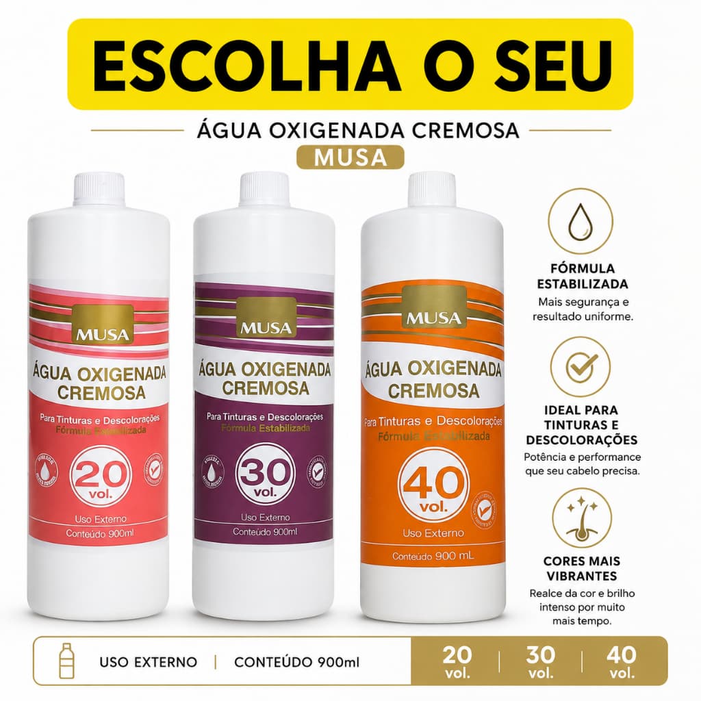 Água Oxigenada Cremosa Musa 900ml OX 20 30 40 Vol Tintura e Descoloração