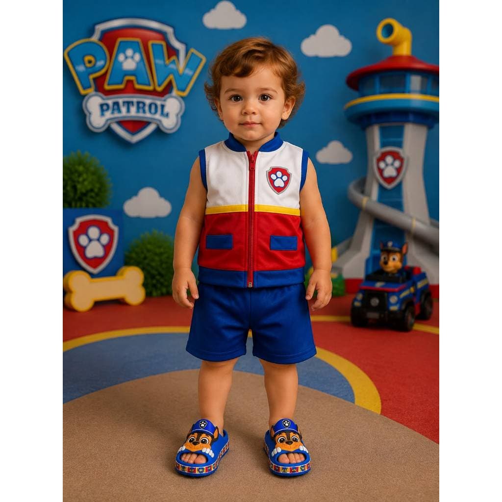 Kit Fantasia Infantil Ryder + Chinelo Slide Chase  Patrulha Canina Roupa Conjunto Sapato Leve e Confortável Diversão