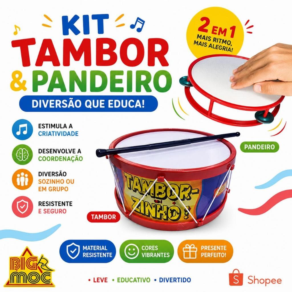 Pandeiro e Tambor Infantil - Colorido Musical Pronta Entrega Promoção