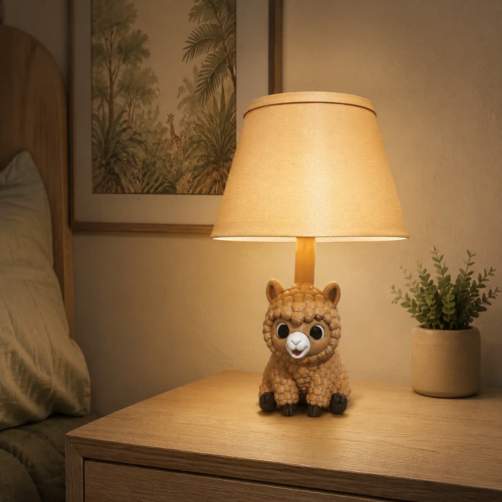 Luminária Infantil Alpaca Lhama Abajur de Mesa para Quarto de Bebê Decoração Cúpula Bege 28 cm