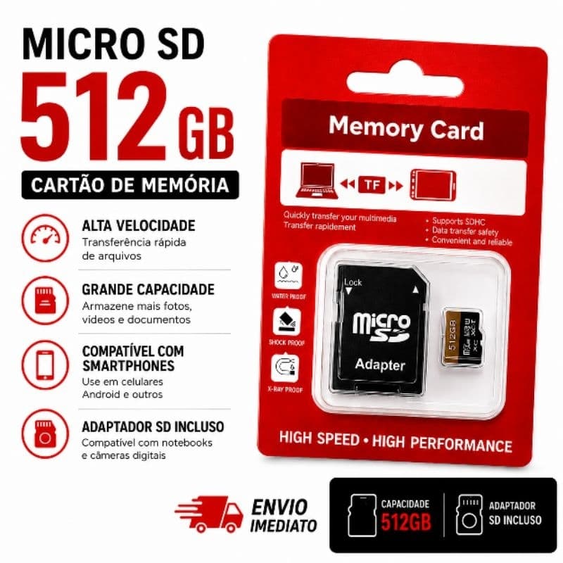 Cartão de Memória Micro SD 512GB com Adaptador SD Alta Velocidade