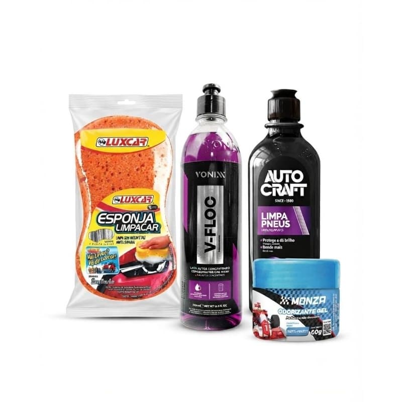 Kit Limpeza Automotiva Completa VONIXX V-FLOC + Limpa Pneus + Esponja Limpacar + Odorizante Gel Monza