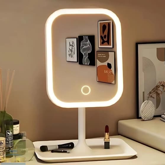 Espelho de mesa retangular para maquiagem com luz de LED 3 modos de cores